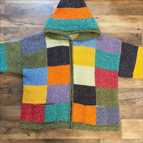 VTG | Patchwork Colorblock Wool Long Tassel Hood Cardigan - Picture 2 of 12